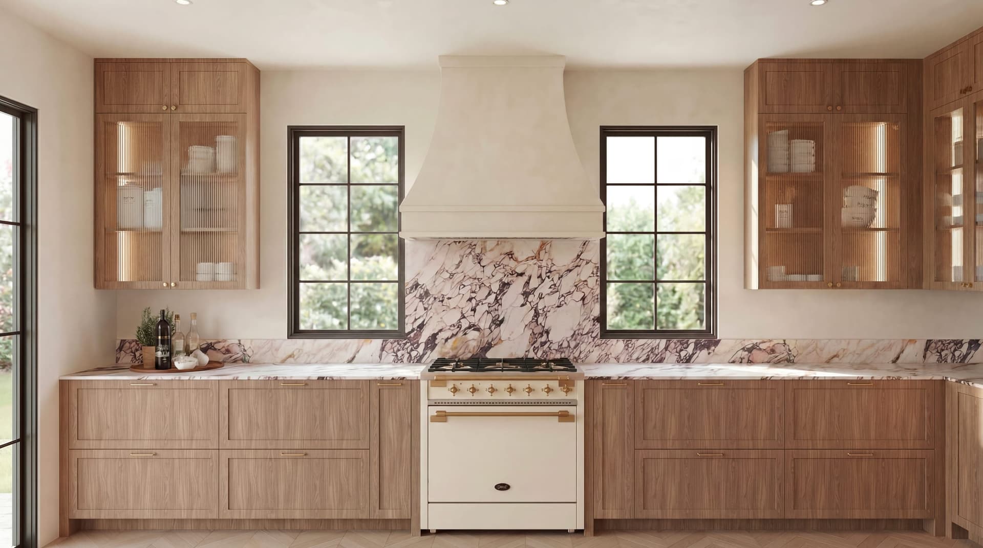 A kitchen on the boards: bookmatched marble backsplash, walnut cabinetry, plaster hood.