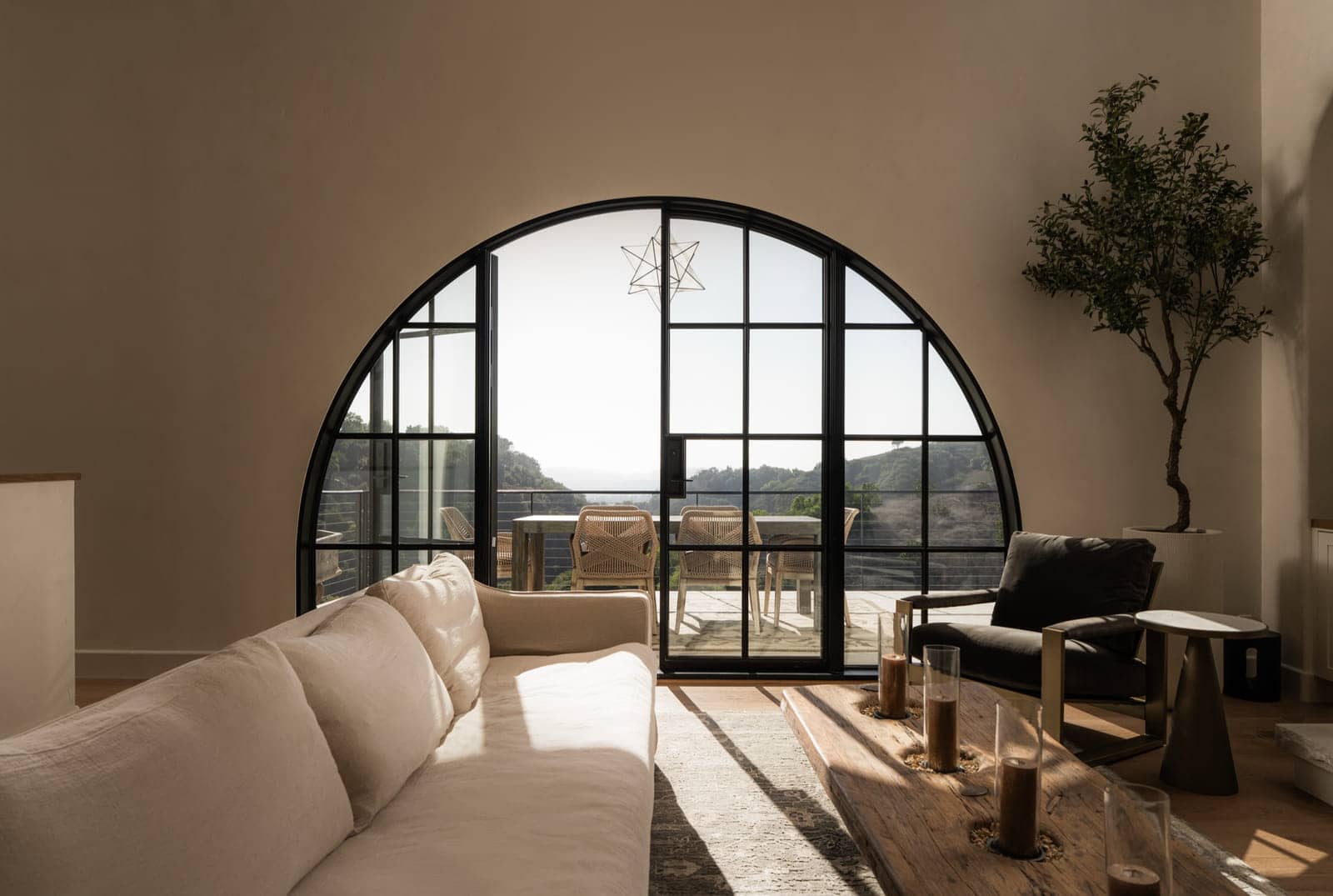 An arched plaster living room in Mission Canyon.
