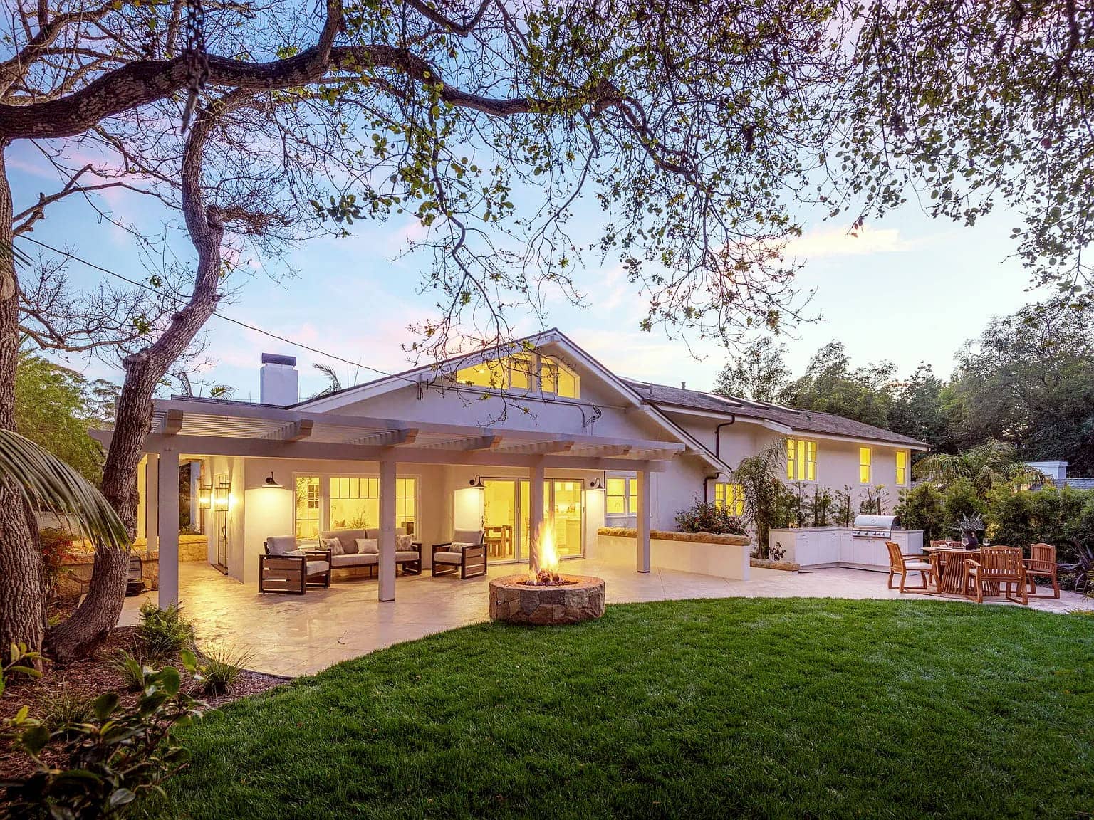 A Montecito estate exterior at dusk.
