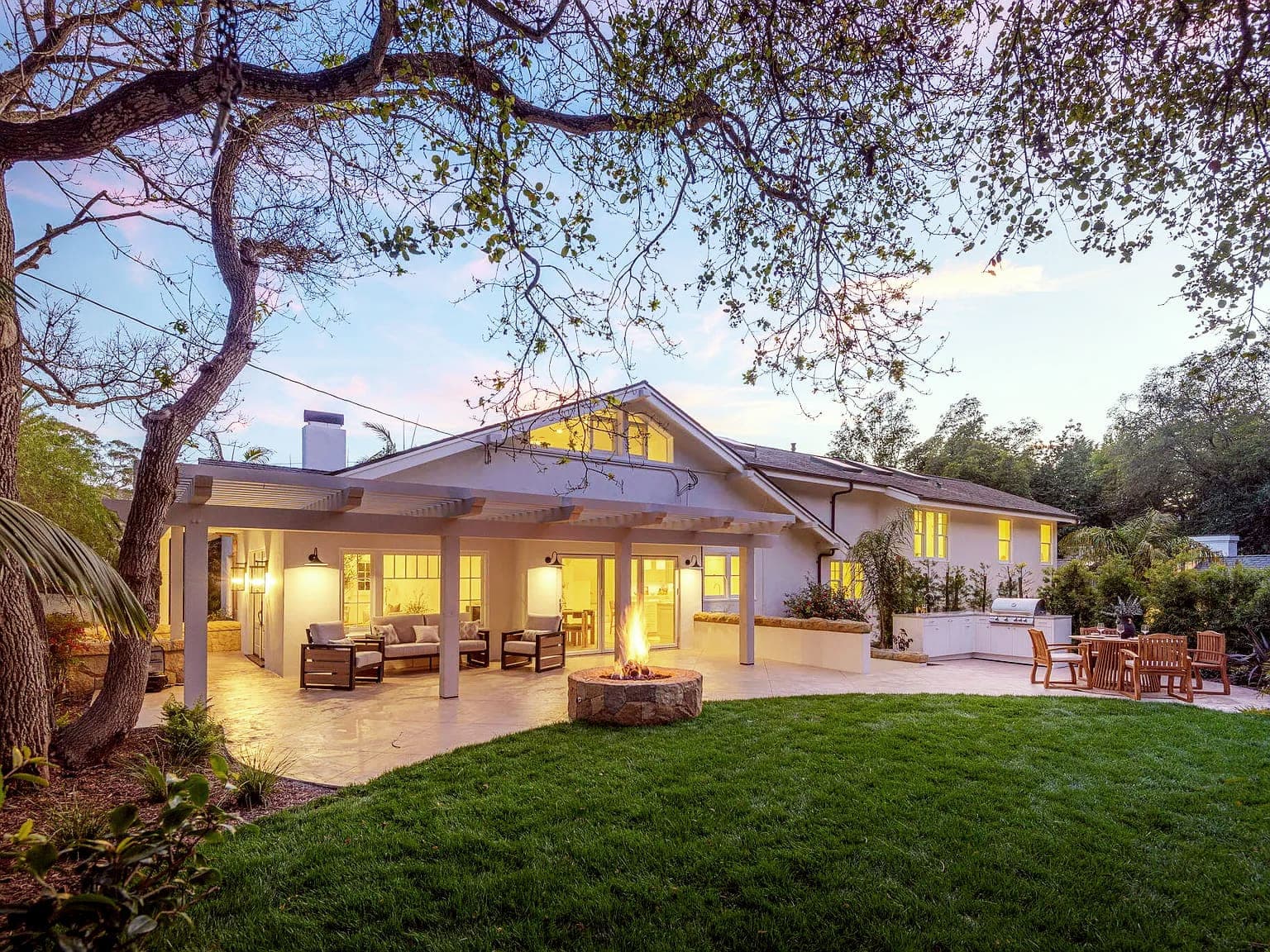 A Montecito estate exterior at dusk.